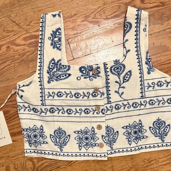 Joie Embroidered Linen Crop Top – Blue White Floral Boho Sleeveless NWT Size Sm - Picture 2 of 3